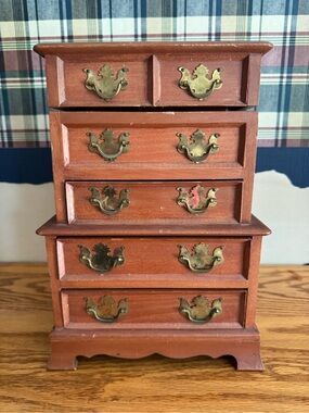 Vintage Mini Wooden Jewelry & Music Box Brown with Brass Hardware